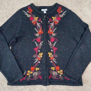 Croft & Barrow Sweater Womens M Black Marled Fall Embroidered Zip Silk Autumn